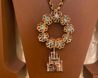 Vintage Gold Tone Cinderella Castle Inspired Charm Necklace with Rhinestones