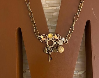 Vintage Bronze Charm Necklace: Antique Gold Paperclip Chain