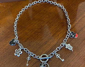 The Key To My Heart Mickey Mouse inspired silver tone front toggle lock charm necklace