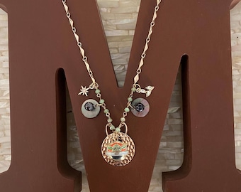 Vintage Baby Yoda Charm Necklace, Gold Tone Beaded Chain