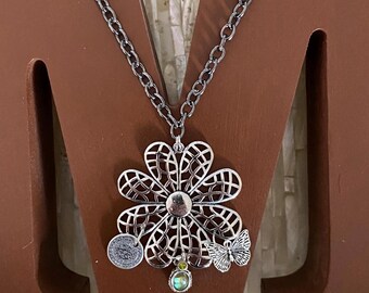 Vintage Abalone Flower Charm Necklace - Antique Silver Tone