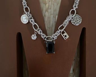Make a Statement Byzantine Charm Necklace: Silver Tone Chain with Vintage Charms