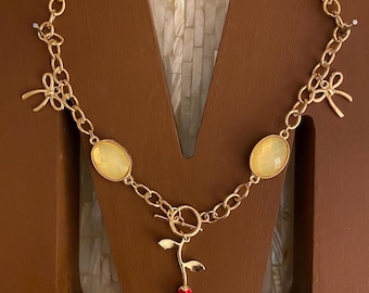 Beauty and the Beast Inspired Necklace: Vintage Gold Tone Charm with Red Rose