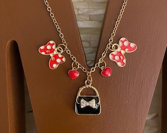Minnie Mouse Inspired Charm Necklace: Red Polka Dot Bows and Rhinestone Purse
