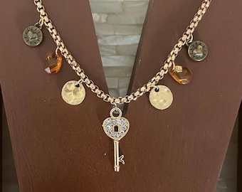 Vintage Charm Necklace: Gold Tone Key, Nuggets, Heart Charms
