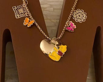 Winnie the Pooh Charm Necklace - Gold Tone Disney Pendant, Enamel Butterfly Charms