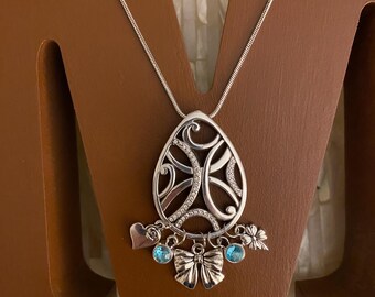Vintage Swarovski Crystal Charm Necklace: Silver Tone Hearts, Flowers, Bow
