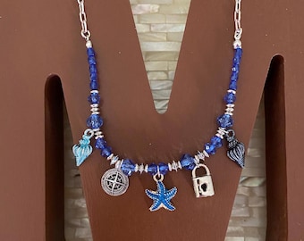 Vintage Beaded Charm Necklace: Silver Tone Nautical Charms