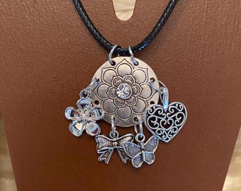 Vintage Medallion Charm Necklace: Silver Tone Flower, Heart, Butterfly