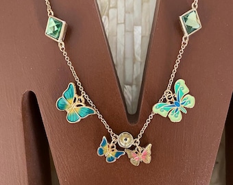 Vintage Gold Tone Butterfly Charm Necklace: Enameled Multi Stone Jewelry