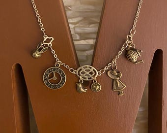 Alice in Wonderland Inspired Charm Necklace: Bronze Teapot, Rabbit, Clock
