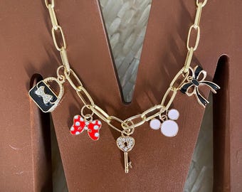 Fancy Minnie inspired gold tone paper clip charm necklace with 5 charms