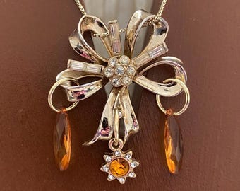 Vintage Bow Pendant Necklace: Rhinestone, Amber Beads, Gold Plated Sterling Silver