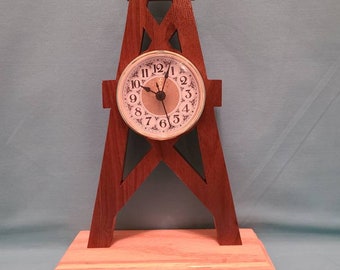 Handcrafted wooden desk or mantel clock cut to resemble an oil derrick