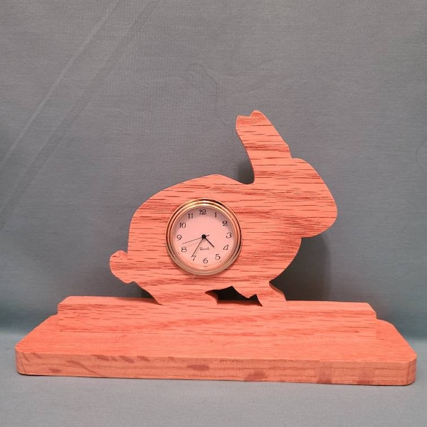 Bunny clock, rabbit clock cut from oak with a scroll saw