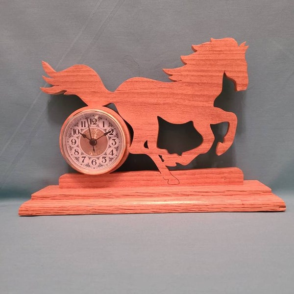 Horse clock,handmade scroll sawn large Mustang horse clock cut from solid oak  wood