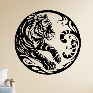Tiger Round Metal Wall Art with Laser Cut Tiger Head in Circle Frame, Bold Jungle Animal Decor for Office, Man Cave or Modern Living Room