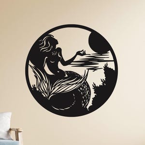 Mermaid Metal Wall Art: Coastal Ocean Scene Silhouette