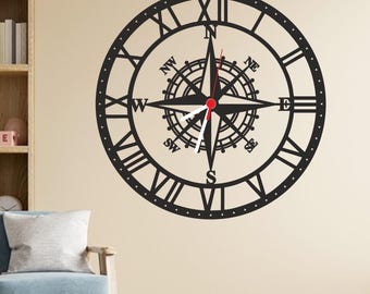 Compass Clock Metal Wall Art: Nautical Timepiece Decor