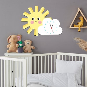 Sun and Cloud Kids Room Wall Clock, Cute Baby Room Wall Decor, Silent Wall Clock for Kids, Cloud Themed Children’s Wall Clock