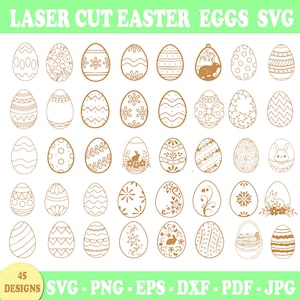 Pode incluir: Um conjunto de 45 designs de ovos de Páscoa cortados a laser em formato SVG. Os ovos são delineados em ouro e apresentam vários padrões, incluindo bolinhas, listras, flores e formas geométricas.