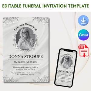 Begrafenisuitnodiging, herdenkingsuitnodiging, Celebrating The Life, In Loving Memory, mobiele uitnodiging, begrafenisaankondiging, begrafenis Evite, CANVA