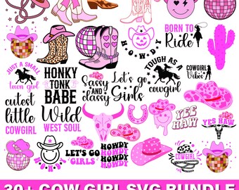 Pakiet Cowgirl SVG, Buty Cowgirl SVG, Kapelusz Cowgirl SVG, Let's Go Girls SVG, Disco Cowgirl SVG, Czaszka krowy SVG, Western SVG, Horshshoe SVG