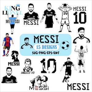 Peut inclure: Une collection de 15 designs vectoriels en noir et blanc mettant en scène Lionel Messi, un célèbre joueur de football. Les designs incluent le nom de Messi, son numéro de maillot et diverses poses de lui jouant au football. Le texte "Messi 15 Designs SVG-PNG-EPS-DXF" est également inclus.