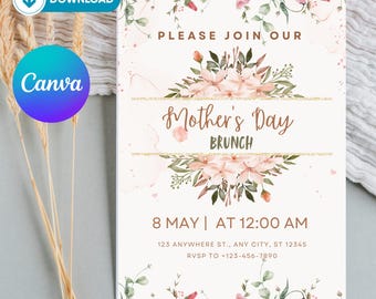 Zaproszenie na brunch z okazji Dnia Matki, edytowalny szablon cyfrowy, spersonalizowane zaproszenie na brunch z kwiatami piwonii, e-zaproszenie 5x7 cali do natychmiastowego wydruku DIY