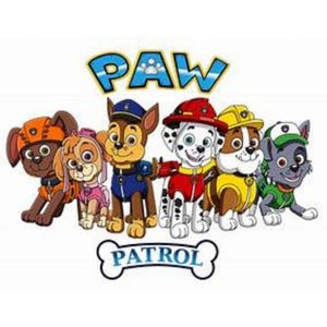 Może przedstawiać: Kolorowa grafika z postaciami z Psiego Patrolu. Obraz zawiera słowo "PAW" w kolorze niebieskim i słowo "PATROL" poniżej. Kresk&oacute;wkowe psy noszą mundury w r&oacute;żnych kolorach, w tym czerwonym, ż&oacute;łtym i niebieskim.