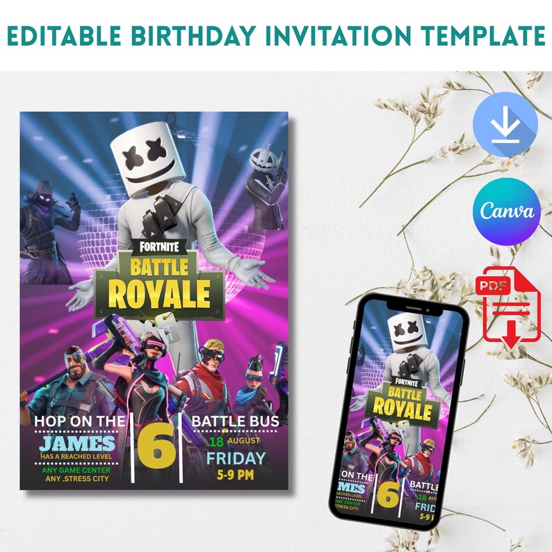 Może przedstawiać: Edytowalny szablon zaproszenia urodzinowego z motywem Fortnite Battle Royale. Projekt zawiera tekst "Fortnite Battle Royale", ilustracje postaci i szczeg&oacute;ły wydarzenia. Smartfon wyświetla projekt zaproszenia.