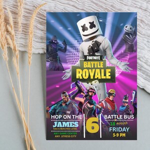 Może przedstawiać: Zaproszenie na imprezę Fortnite Battle Royale z białą postacią Marshmello i innymi postaciami z gry na fioletowym i niebieskim tle. Zaproszenie zawiera tekst "Hop on the James" i szczeg&oacute;ły wydarzenia.
