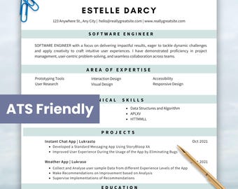 May include: A resume for Estelle Darcy, a Software Engineer. The resume highlights her skills in areas such as prototyping tools, user research, interaction design, visual design, accessibility, and responsive design. It also lists her experience with projects such as Instant Chat App and Weather App, both developed using Lukrasto. The resume includes her education from Dandilton (Online) in Computer Science and Business.
