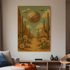 Vintage Wüsten Disco Kunst, Disco Ball Poster, Kaktus und UFO Leinwanddruck, Retro Wanddekor, Surreal Kunstdruck