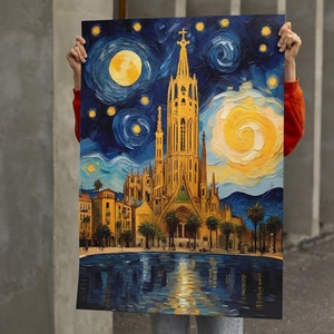 Sagrada Familia Painting Canvas, Barcelona Art Print, Van Gogh Starry Night Style, Sagrada Familia Sketch, Van Gogh Painting, Ready to Hang