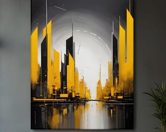 May include: Abstract painting of a city skyline in shades of black, gray, and yellow. The city is reflected in a body of water in the foreground.