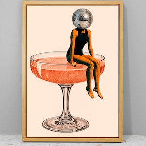 Disco Ball Head Canvas Poster, Funky Disco 70s Wall Decor, Retro Wall Art, Vintage artwork, Mirrorball Poster, Girly Dorm Room Wall Decor