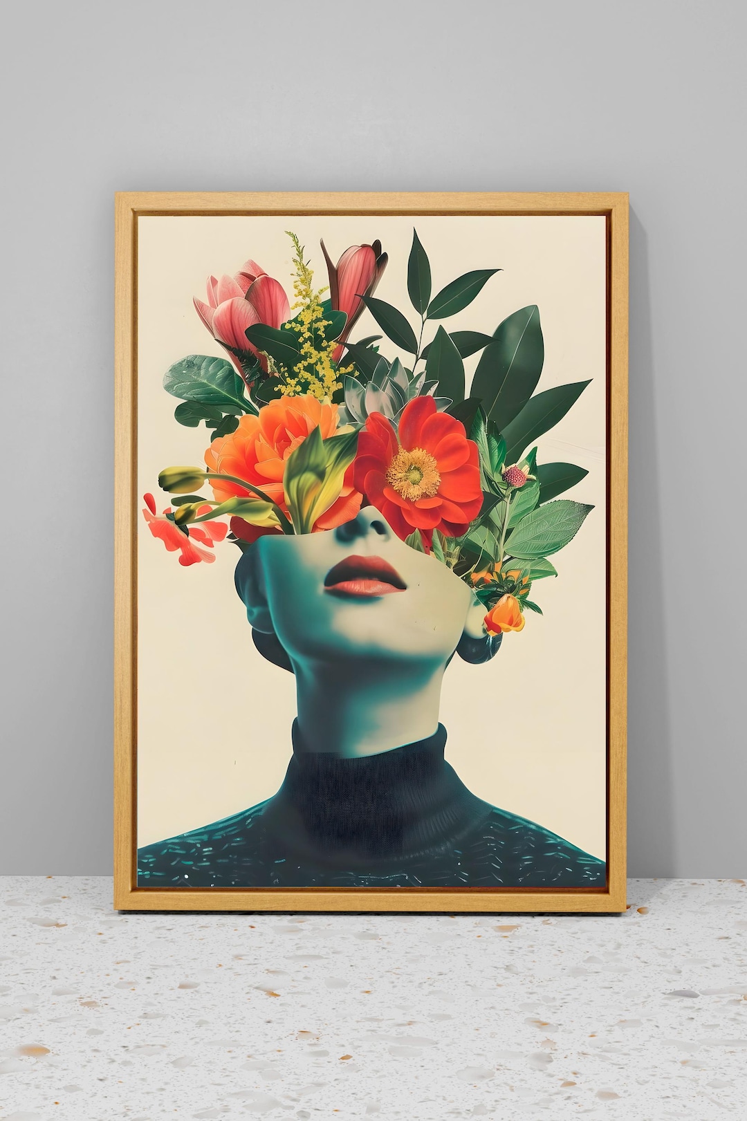Tableau Déco Mural Femme – Impression Sur Toile Fleurs Et Plantes Vertes Rouge, 90x60 Cm, Pour Salon, Bureau Ou Salle De Bain - 3