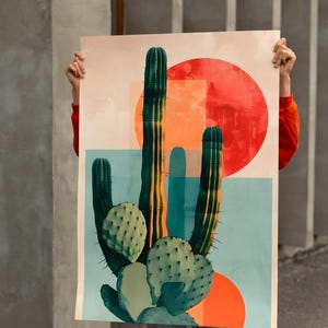 Mid Century Modern Kaktus Wandkunst, Wüste botanischer Druck mit abstraktem Sonnenuntergang, Boho Kaktus Druck, bunte minimalistische Kunst, Leinwand Poster