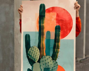 Mid-Century Modern Cactus Canvas Art: Abstract Sunset Desert Print