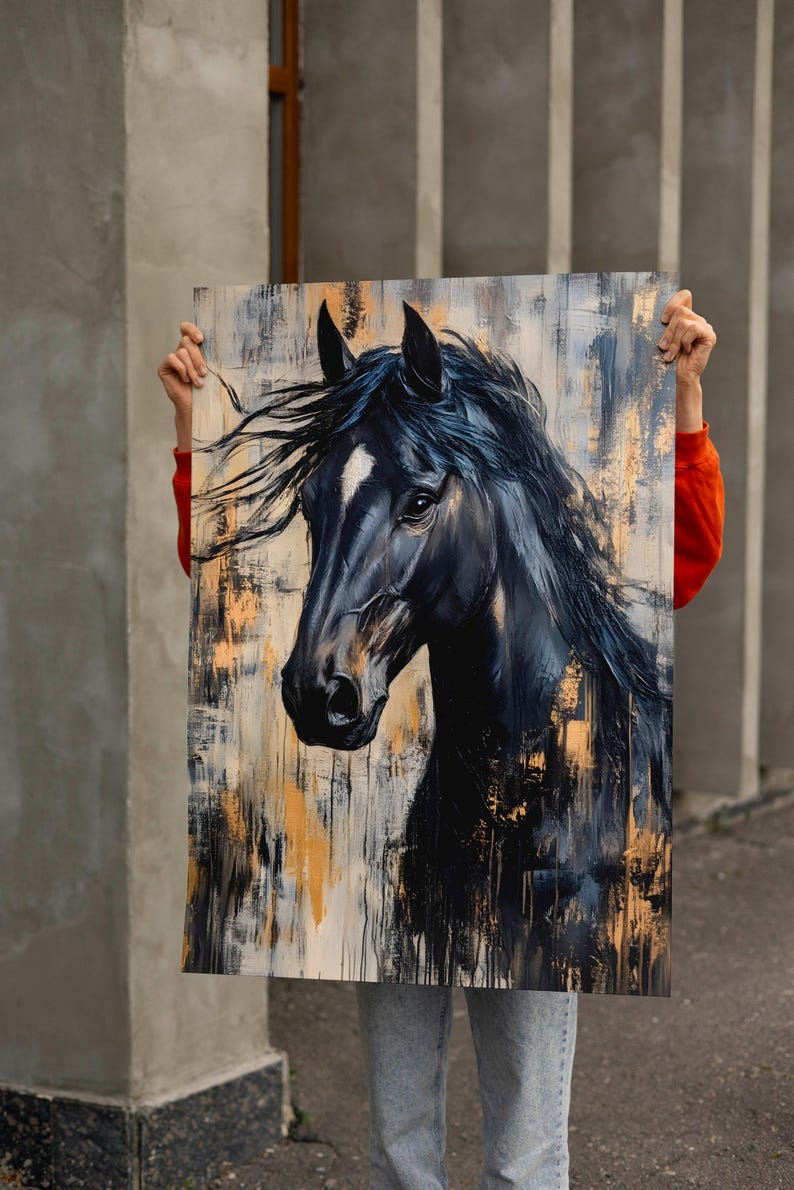 May include: A black horse portrait painting with a white blaze on its face. The artwork features a textured background with gold and grey brushstrokes. The horse's mane and forelock are flowing, adding a sense of movement.