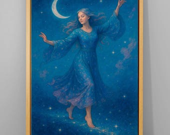 Puede incluir: Una obra de arte enmarcada representa a una mujer con un vestido azul fluido bailando bajo una luna creciente y estrellas. La escena celestial está representada en tonos azules y morados, con un marco dorado.