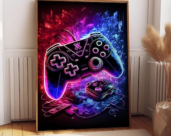 Póster de juegos de neón: arte mural para sala de juegos sobre lienzo