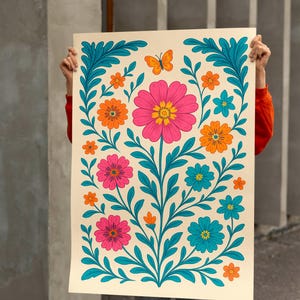 Mexican Canvas Poster, Mexican Wall Decor, Vintage Mexican Art, Traditional Latin Decor, Floral Print, Botanical Wall Art, Cactus Poster