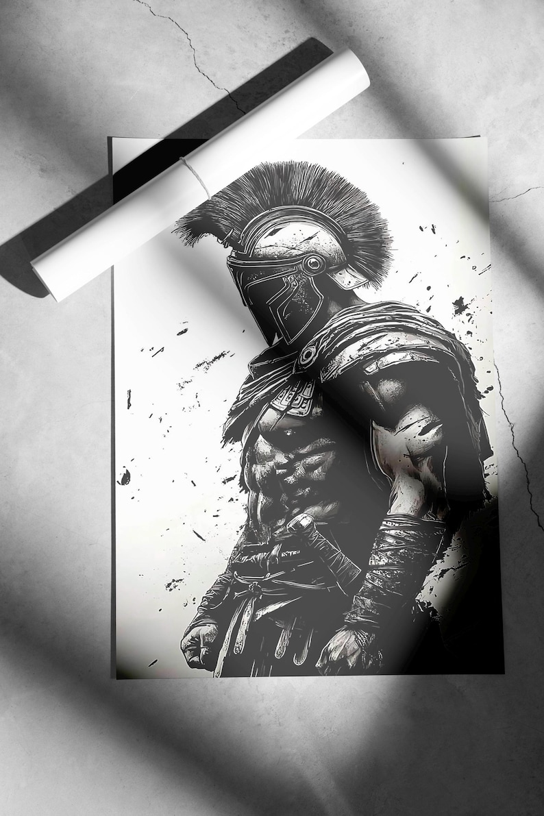 May include: Monochrome illustration of a Spartan warrior in full armour, including a helmet with a tall plume. The artwork is on a white poster, with a rolled-up poster resting on top. The warrior is muscular and holds a sword.