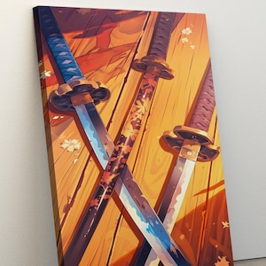 Modern Samurai Sword Poster Art, Japanese Inspired Wall Art, Framed and Printed Art on Canvas, Anime Art, Japanese Decor, Katana Wall Decor,