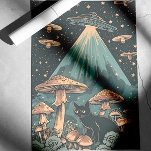 Może przedstawiać: Czarny kot siedzi na polu grzyb&oacute;w pod świecącym UFO. UFO jest otoczone gwiazdami, a promień światła świeci na grzyby. Tło jest ciemnozielone.