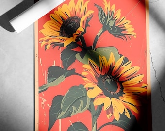 Sunflower Poster Art, Sunflower Canvas Wall Art, Sunflower Print, Flower Painting, Floral Prints, Farmhouse Wall Decor, Aesthetic Wall Decor
