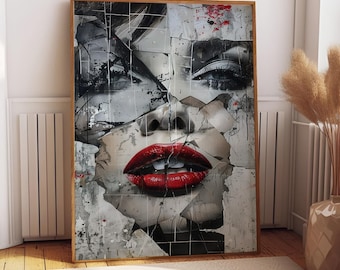 Retrato femenino abstracto en lienzo – Arte mural moderno con labios rojos – Póster enmarcado para decoración de sala de estar o dormitorio – Regalo de Navidad