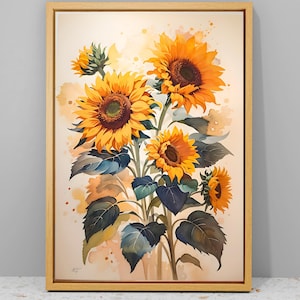 Impresión de girasoles para pared, impresión de girasoles, arte de pared con impresiones de girasoles, pintura de flores, impresiones florales, arte de pared en lienzo, decoración de pared rústica